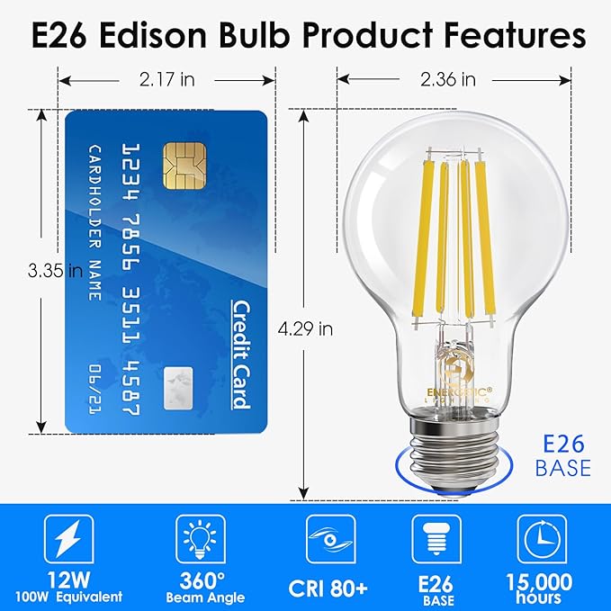 Energetic Dimmable A19 LED Edison Light Bulb, 12W Equivalent 100W, 1600LM High Brightness, 4000K Cool White, Clear Antique LED Filament Bulb for Home, Bathroom, E26 Standard Base, 6-Pack