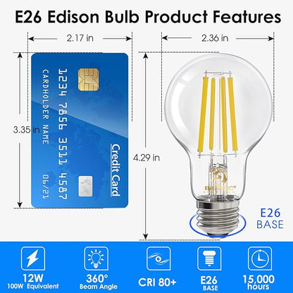 Energetic Dimmable A19 LED Edison Light Bulb, 12W Equivalent 100W, 1600LM High Brightness, 4000K Cool White, Clear Antique LED Filament Bulb for Home, Bathroom, E26 Standard Base, 6-Pack