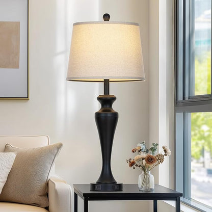 30" Black Table Lamps for Living Room, 3-Way Dimmable Touch Bedside Lamp with USB A+C Ports and AC Outlet, Tall Bedroom Lamps Set of 2, Modern Metal Nightstand Lamps for Desk Side Table Office