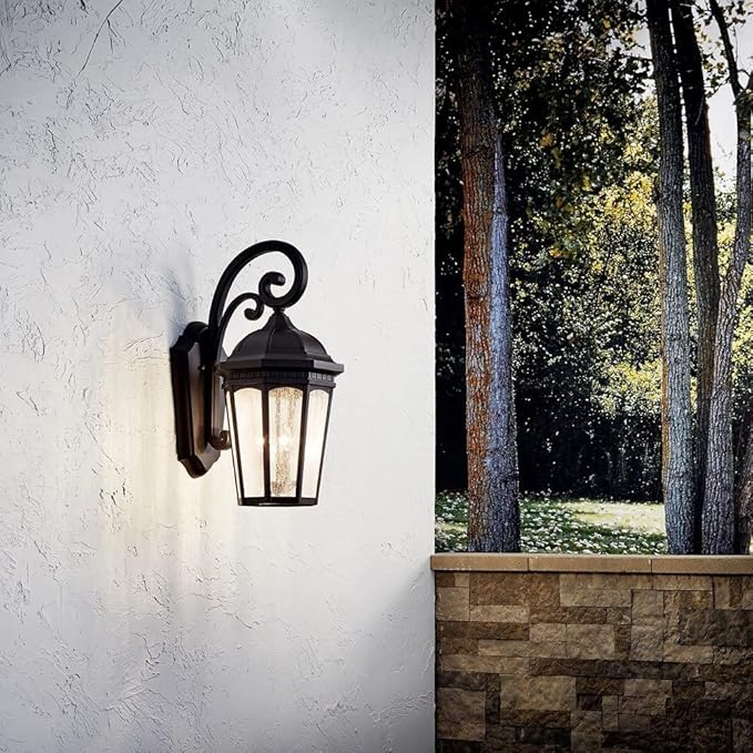 Kichler Courtyard 26.5" 3 Light Outdoor Wall Light with Clear Seeded Glass in Rubbed Bronze