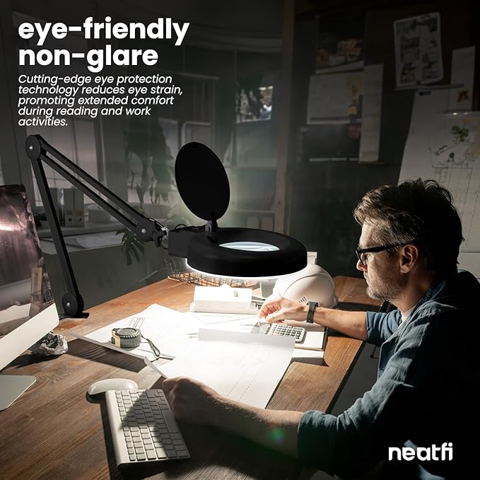 Neatfi (New Model) LED Magnifying Lamp with Clamp, 12W, 60 SMD LEDs, Adjustable Step Dimming Brightness, Desk Lamp Magnifier Light for Crafts, Painting, and Hobbies (Black, 5-Diopter)