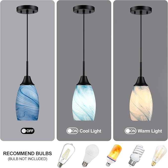 Mini Glass Pendant Light 4.72" with Handblown Blue Marble Art Glass Hanging Light 3-Pack Oval Ceiling Hanging Light Fixture for Dining Room Kitchen Island Cafe Foyer Hallway