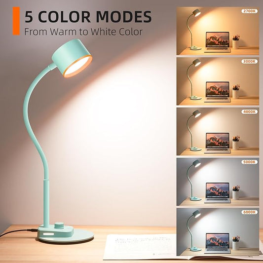 Desk Lamp, Fully Dimmable Bedside Reading Lamp with USB C + A Charging Ports, 5 Colors, Simple to Operate, Eye Care Metal Table Lamp Efficient Desk Lamps for Home Office College Dorm Room