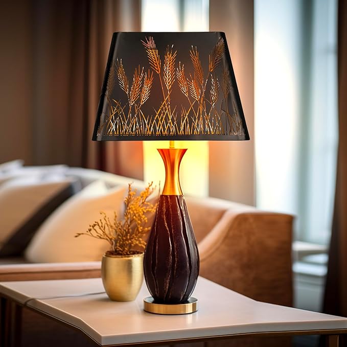 Medium Square Lamp Shades, ALUCSET Metal Lampshade with Pattern of Wheatear for Table Lamp and Floor Light, 9 x 12 x 8.8 Inch, Spider (Black/Gold)