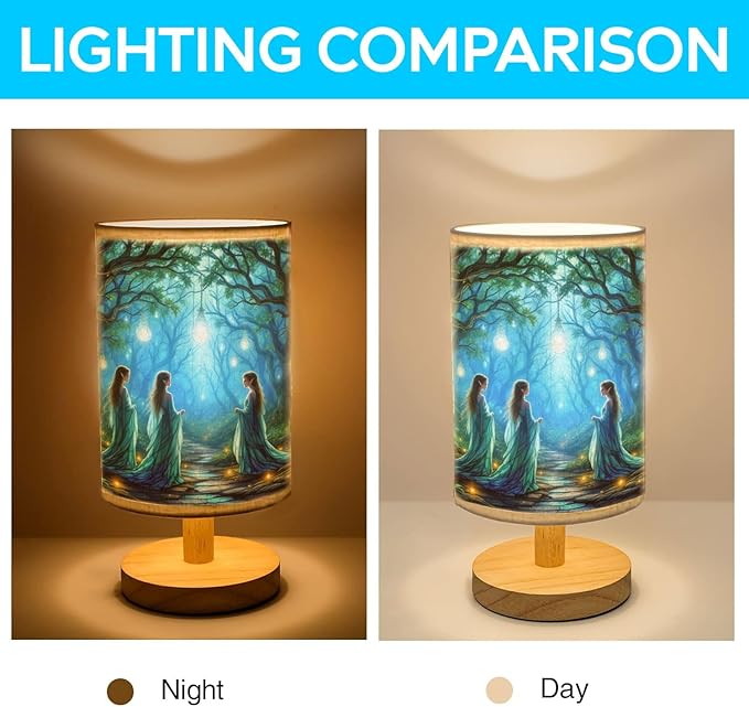 Elves in an Enchanting Table Lamp LED 3-Color Pressed Bedside, Elves in an Enchanting Shade Lamp with Wood Base for Bedroom Living Room Desk Office TL01