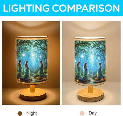 Elves in an Enchanting Table Lamp LED 3-Color Pressed Bedside, Elves in an Enchanting Shade Lamp with Wood Base for Bedroom Living Room Desk Office TL01