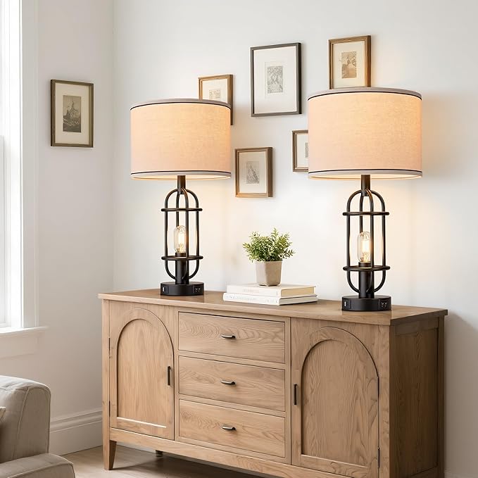 Black Table Lamps for Living Room Set of 2, 22.3" Farmhouse Lamps for Nightstand, Industrial Table Lamps for Bedroom with USB Ports, Bulbs Included