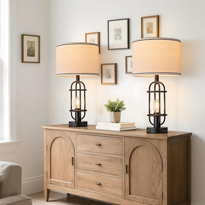 Black Table Lamps for Living Room Set of 2, 22.3" Farmhouse Lamps for Nightstand, Industrial Table Lamps for Bedroom with USB Ports, Bulbs Included