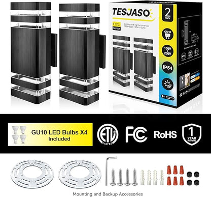 Outdoor Wall Light Dusk to Dawn, Exterior Sconce Lighting Fixture, Up and Down Porch Light Waterproof Aluminum Square PC and Tempered Glass Cover 3000k 7W 2Pack Black Certificate ETL