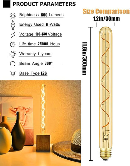 Leools Vintage LED Spiral Filament Bulb T10, 11.8inch Long Tubular Dimmable Edison Light Bulbs,E26 Base,Amber Glass,Warm White,2200K, (60W Equivalent), Pack of 4