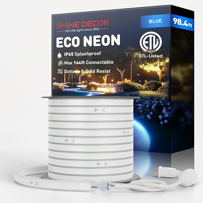 Shine Decor LED Rope Lights AC 120V, Connectable & Cuttable Dotless 120LEDs/M Eco Neon Strip Lighting, ETL IP65 Waterproof & Weather-Resistant for Home Commercial, 8x16mm, Blue, 98.4FT