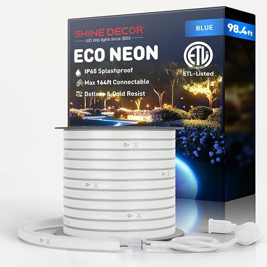 Shine Decor LED Rope Lights AC 120V, Connectable & Cuttable Dotless 120LEDs/M Eco Neon Strip Lighting, ETL IP65 Waterproof & Weather-Resistant for Home Commercial, 8x16mm, Blue, 98.4FT