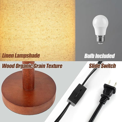 Small Table Lamp Nightstand Lamp Linen Lampshade Bedroom Wood Base Small Bedside Lamp for Night Stands, Desk Lamps for Reading Living Room, Office (LED Bulb Included) (Black-Walnut Wood（2）)