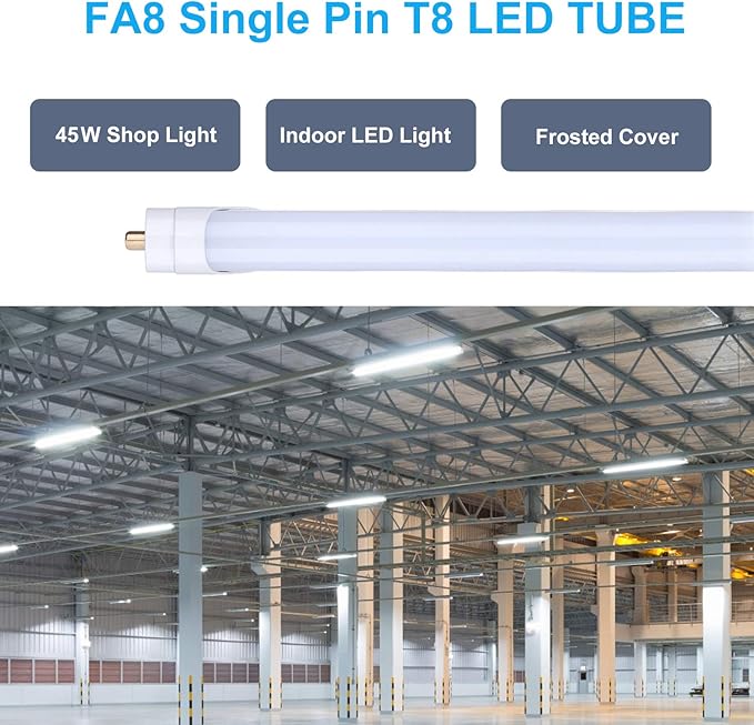 T8 T10 T12 8FT LED Light Bulbs, 45W 6000K Cold White, Single Pin Fa8 LED Tube Replacement for Fluorescent Fixtures, Frosted, Ballast Bypass, Warehouse Workshop Garage Lights 4-Pack