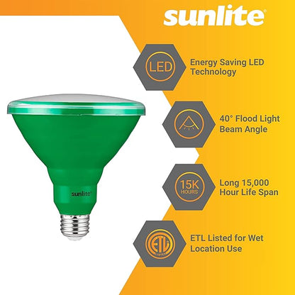 Sunlite 81478 LED PAR38 Colored Recessed Light Bulb, 15 watt (75W Equivalent), Medium (E26) Base, Floodlight, ETL Listed, Green, 1 Pack