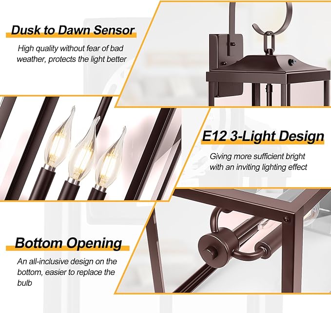 24" Extra Large Dusk to Dawn Outdoor Wall Light, Oil Rubbed Bronze 3-Light Waterproof Exterior Wall Mount Porch Lantern, Modern Outside Wall Sconce Coach Light Brown, E12, 1-Pack