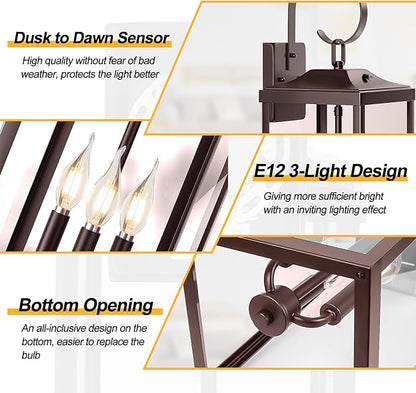 24" Extra Large Dusk to Dawn Outdoor Wall Light, Oil Rubbed Bronze 3-Light Waterproof Exterior Wall Mount Porch Lantern, Modern Outside Wall Sconce Coach Light Brown, E12, 1-Pack