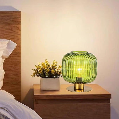 NKU Vintage Green Hand-Blown Ribbed Glass Table Lamp - Mid-Century Glare-Free Eye-Care Bedside Light for Bedroom Nightstand, Living Room, Office, Bookshelf & Corner
