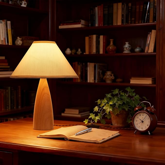 Bedside Table Lamp for Bedroom, Mid-Century Modern Plug in Fabric Shade & Solid Wood Base Desk Lamp, Plug & Play Yellow Wood Nightstand Lamp for Living Room, Office 【Bulb Included】