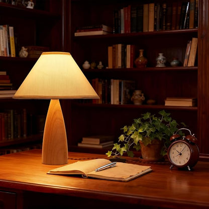 Bedside Table Lamp for Bedroom, Mid-Century Modern Plug in Fabric Shade & Solid Wood Base Desk Lamp, Plug & Play Yellow Wood Nightstand Lamp for Living Room, Office 【Bulb Included】