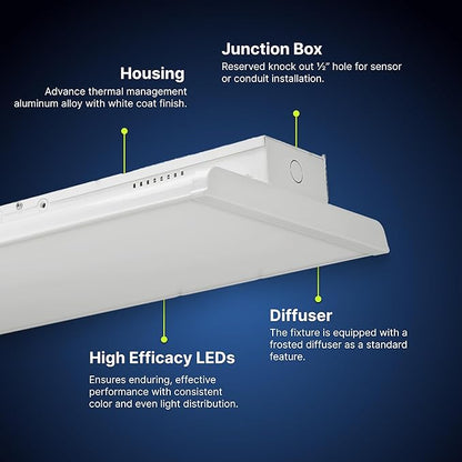 Konlite - 4 FT Linear LED Shop Lights, 225W, 30,626LM Bay Ceiling Shop Light for Commercial & Industrial Use, Non-Maintenance Shop Lights for Workshop, Garage Light, 5000K Daylight, Dimmable 1-10V