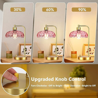 Pink Table Lamp Set of 2,Small Gold Bedside Lamps Dimmable Boho Bedroom Lamp with Flower Glass Lamp Shade,Vintage Mid Century Modern Mini Nightstand Lamp for Girls Kids Bedroom Living Room