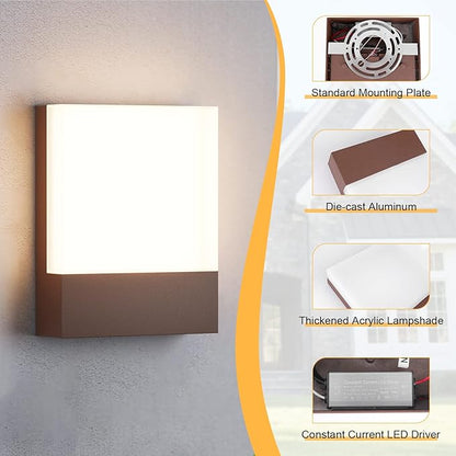 Modern Outdoor Led Wall Light, 24W 3000K Wall Porch & Patio Light,Exterior Hardwired Wall Light Fixtures,IP65 Waterproof Square Wall Lamp for Garage, Front Door,House Yard(Rust,1-Pack)