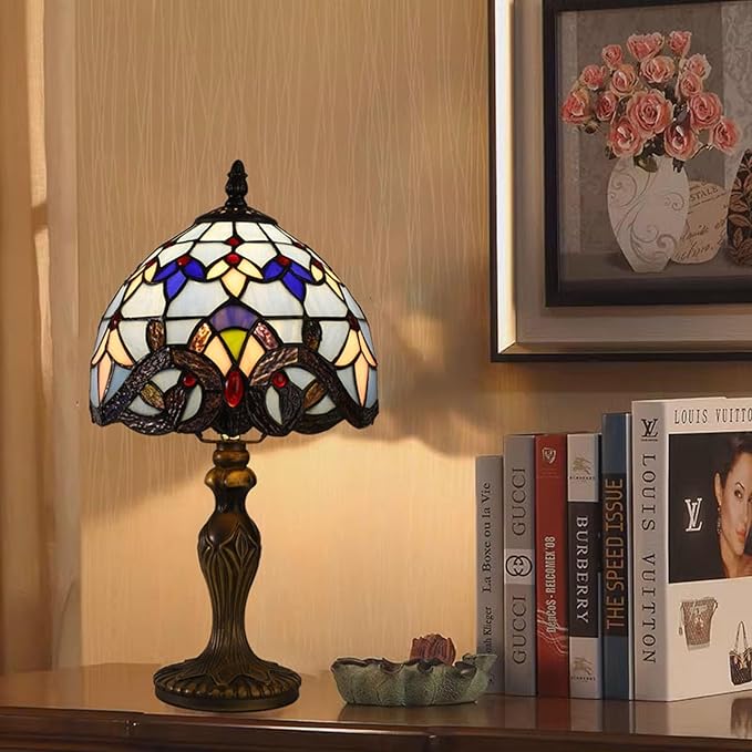 Tiffany Table Lamp for Bedroom Bedside Nightstand Table Lamp 3 Light Colors LED Stained Glass Lamp Shade End Side Small Table Lamps for Living Room 8X8X15Inch Hotel Home Reading Desk Lamp