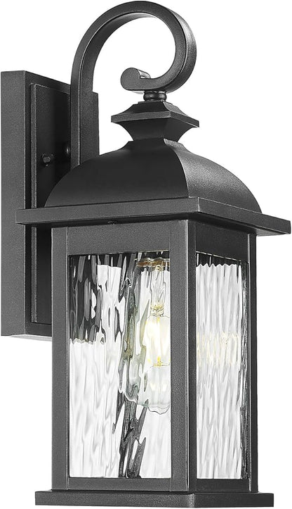 FEMILA Outdoor Wall Light Fixture,1-Light Exterior Waterproof Wall Sconce, 15" Front Porch Lights,Anti-Rust Matte Black Finish with Water Ripple Glass,4FD54B BK-WP