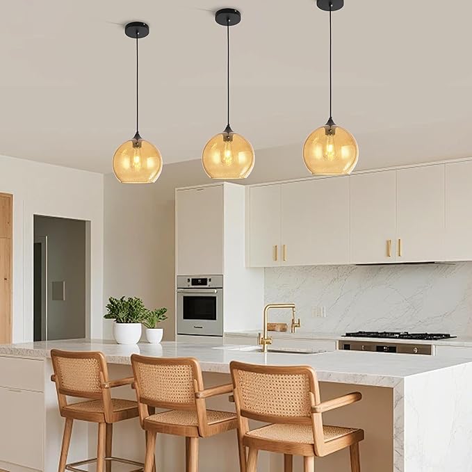 Amber Glass Pendant Lights Kitchen Island Lighting Modern Globe Pendant Light Fixtures Modern Pendant Lights for Kitchen Island Bedroom Living Dining Room Light Fixture-9.8inch