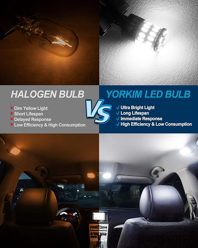 Yorkim 194 LED Bulb 6000K White T10 Interior Bulbs T15 W5W 2825 168 LED Bulb for Interior Light Trunk License Plate Lights Marker Lights, Pack of 2
