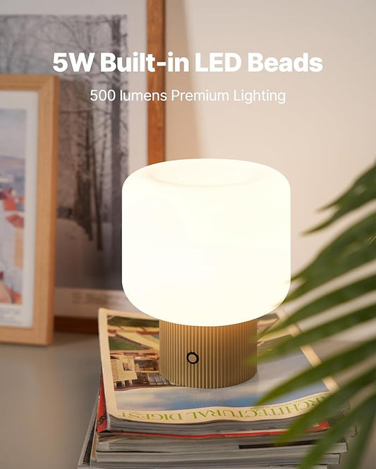 Halo Mushroom Lamp, 5W Cute Cordless Rechargeable Table Lamp with Glass Shade, 3 Color Temps LED Dimmable Ambient Lighting, Small Retro Touch Bedside Light for Bedroom Decor, Mustard Yellow