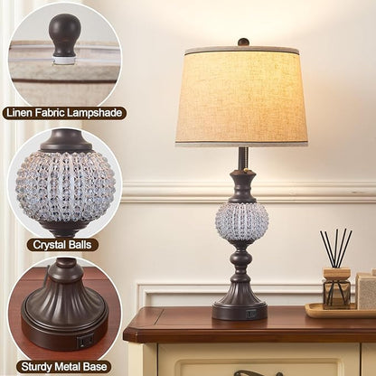 28" Set of 2 Farmhouse Table Lamps for Living Room, Rustic Nightstand Lamp with USB +C Charging Ports and Crystal Balls Decor for Bedroom End Tables Entryway (Included 2 Bulbs)