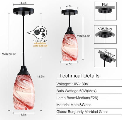 Mini Glass Pendant Light,3-Pack Handblown Burgundy Marble Art Glass Hanging Light 4.72" Oval Ceiling Hanging Light Fixture for Dining Room Kitchen Island Cafe Foyer Hallway