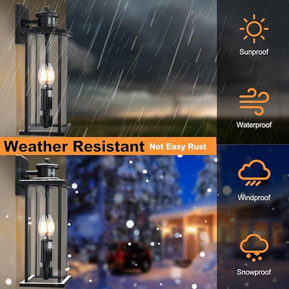 Large Motion Sensor Outdoor Sconce 2-Pack, 16" Black Dusk to Dawn Wall Light, Outdoor Wall Mount Fixtures, 2-Light Exterior Waterproof Wall Lights, Doorway, House Front Door, Patio, Garage