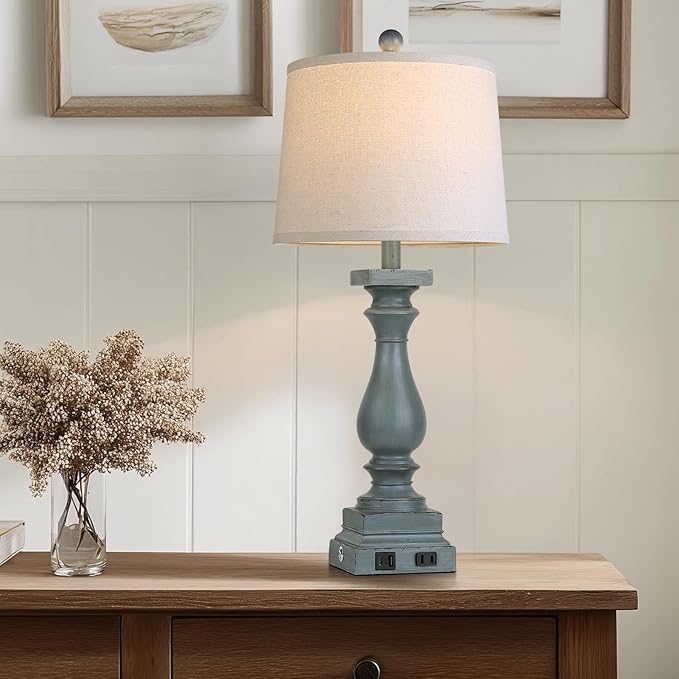 28" Tall Farmhouse Table Lamp with USB C+A Ports and AC Outlet, 3 Way Touch Control Rustic Bedside Lamp for Bedroom, Blue Vintage Nightstand Lamp for Living Room Office