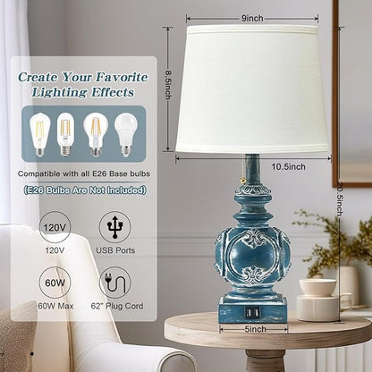 20.75" Farmhouse Table Lamps for Bedroom Set of 2, Rustic Bedside Lamps with 2 USB Port, Retro side table lamp Antique Nightstand Lamp for Living Room End Table Office Country, Traditional Washed Blue