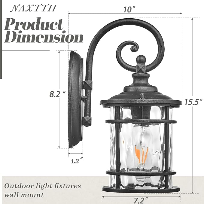Modern Outdoor Wall Sconce Lights Exterior LightIing Fixtures with Water Ripple Glass Black Finish Die-Casting Aluminum Outdoor Porch Lights for Garden Garage Yards 15.5 Inch Height