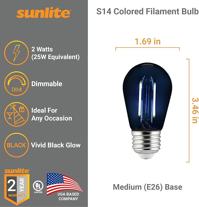 Sunlite LED S14 String Light Bulb, 2 Watts (25W Equivalent), Medium E26 Base, Party Decoration, Holiday Lighting, Transparent, Dimmable, UL Listed, Black, 6 Count