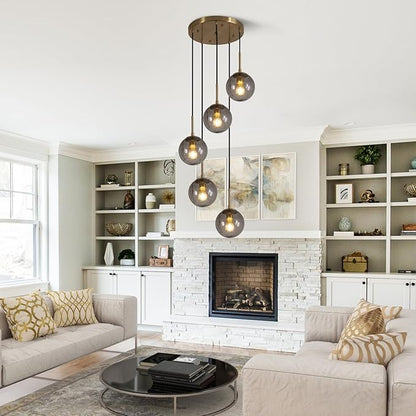 KCO Lighting 5 Light Cluster Pendant Lighting Smoke Glass Globe Chandelier Multi Pendant Light Fixture Gold Cluster Pendant Light Modern Staircase Chandelier