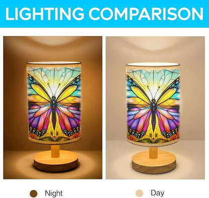Butterfly Table Lamp LED 3-Color Pressed Bedside, Butterfly Shade Lamp with Wood Base for Bedroom Living Room Desk Office TL01