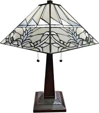 Tiffany Style Table Lamp Banker Mission 22" Tall Stained Glass Tan Green Blue Red Floral Flower Vintage Antique Light Décor Living Room Bedroom Handmade Gift AM312TL14B Amora Lighting