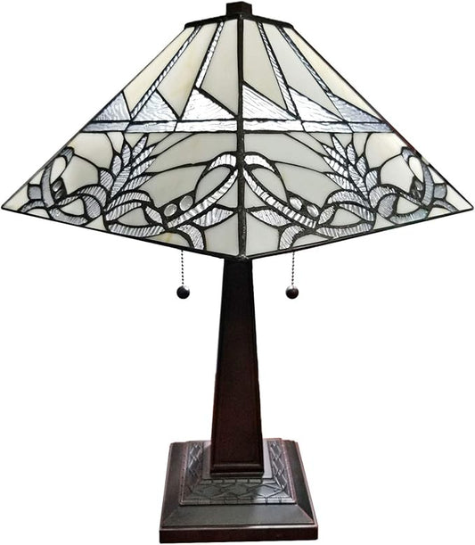 Tiffany Style Table Lamp Banker Mission 22" Tall Stained Glass Tan Green Blue Red Floral Flower Vintage Antique Light Décor Living Room Bedroom Handmade Gift AM312TL14B Amora Lighting