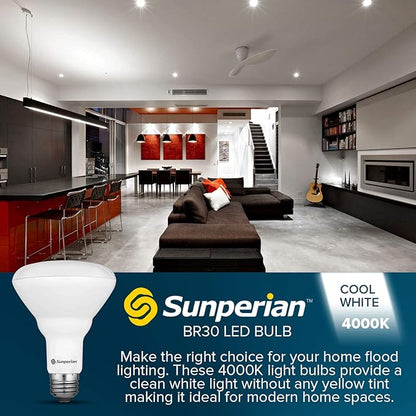 SUNPERIAN 6 Pack BR30 LED Bulb, 8.5W=65W, 4000K Cool White, 800 Lumens, Dimmable Flood Light Bulbs for Recessed Cans, Enclosed Fixture Rated, Damp Rated, UL Listed, E26 Standard Base