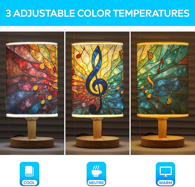 Music Clef Table Lamp LED 3-Color Pressed Bedside, Music Clef Shade Lamp with Wood Base for Bedroom Living Room Desk Office TL01