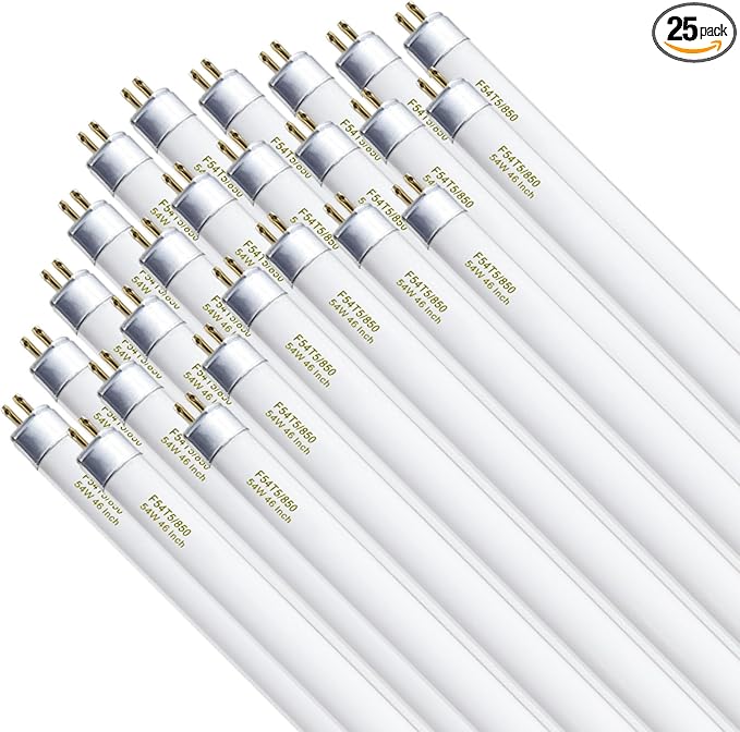 amgolibi 25 Pack, F54T5/850/HO/ALTO T5 54 Watt, 46 Inches T5 High Output 5000K Fluorescent Tube 54W Light Bulb, 5/8'' Diameter G5 Base 4350 Lumens