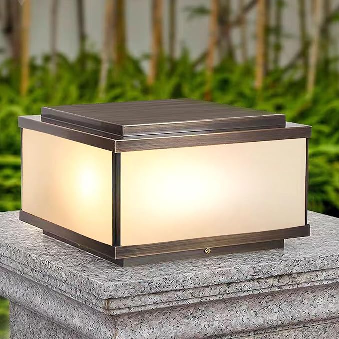 All Copper Steel Glass Outdoor Post lights, Waterproof Pillar Light, Vintage Patio Lawn Column Lamp,outdoor column lights,Deck Lights, Lantern Fence Lamp Fixture E26 Base (Frosted glass, 12X12IN)