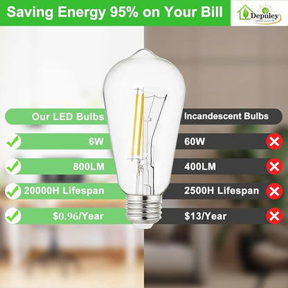 Depuley LED Light Bulbs E26: Edison LED Filament Bulbs 6W Equivalent 60W - Vintage Chandelier Lights Bulb 5000K Daylight White - ST58 Clear Glass Bulb 360°Omnidirectional Lighting 800LM 90+CRI 6-Pack