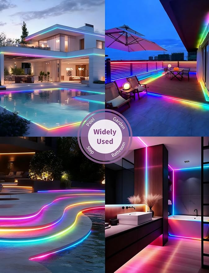COB LED Strip Lights, RGB Smart IC, IP67 Waterproof, Dimmable 80FT/24M, Color Flowing Tape Light with App Control & Music Sync, Dotless for Outdoor, Patio, Pool & Party Decorations(2 Rolls)