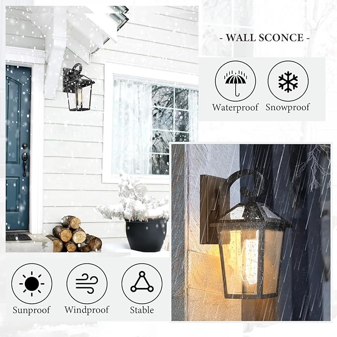 Outdoor Light Fixtures Wall Mount, Waterproof Exterior Wall Lanterns with Glass, Outside Wall Sconces, Front Porch Lights for House Garage Doorway Patio (Small, 2Pack)